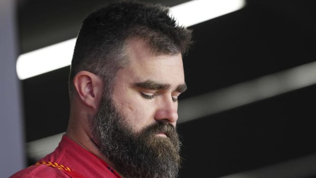 Jason Kelce watching Super Bowl LVIII from a suite.